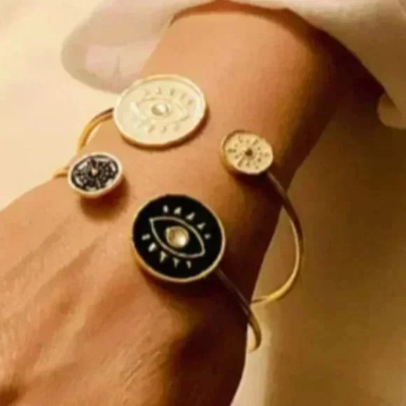 Betsey Johnson Black & White, Gold Color Plated Evil Eye Bangle Bracelet Set - Picture 2 of 5